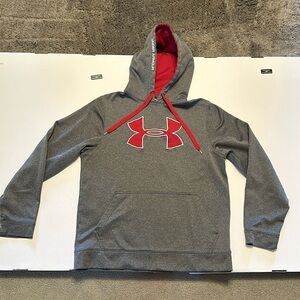 Under armor, dark gray sweatshirt with cranberry colored accent